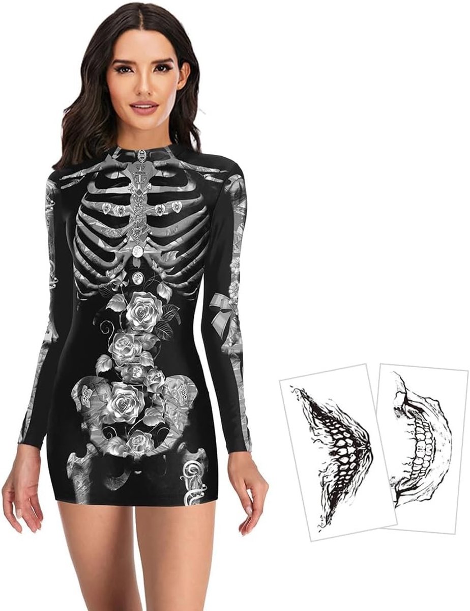 Vrouwelijk Skelet Kostuum voor Halloween - Sexy Creepy Skelet Jurk voor Feest en Carnaval