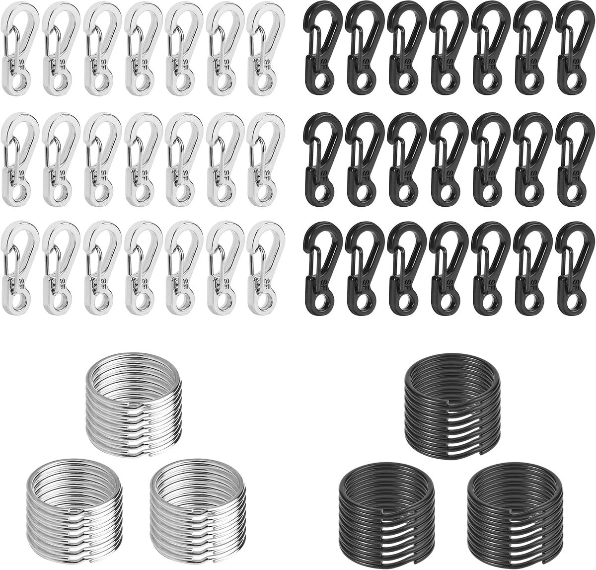 Karabijnhaken, 42 stuks, karabijnhaken, mini-SF, karabijnhaken, sleutelhanger, haken met 42 sleutelringen voor kamperen, reizen, wandelen (zwart zilver)