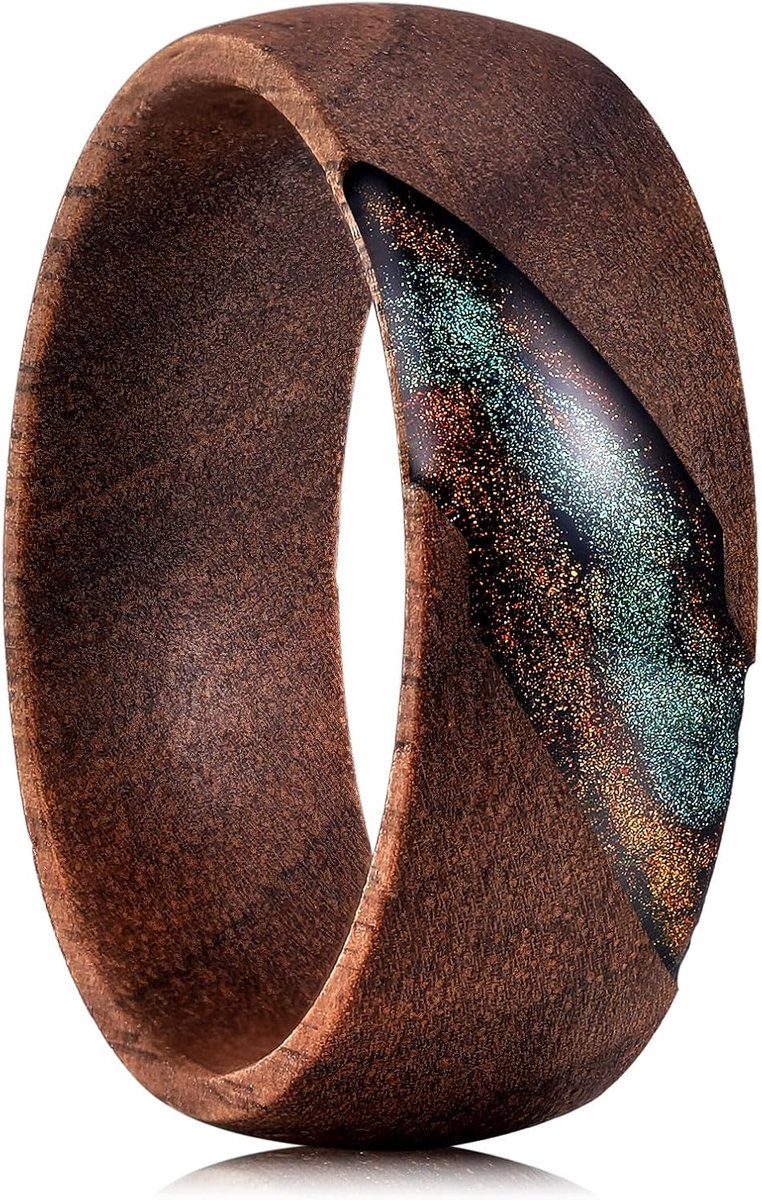 Ringen voor Heren – Collectie van natuurhout met inleg (zand, meteoriet, bladgoud), comfortabel bol profiel, voor Hem & Haar