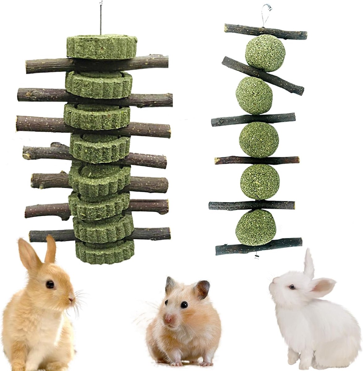 Set van 2 natuurlijke kauwspeeltjes (230 g), Timothy hooi + appelhout - veilige tandaccessoires voor konijnen, cavia's, hamsters en chinchilla's