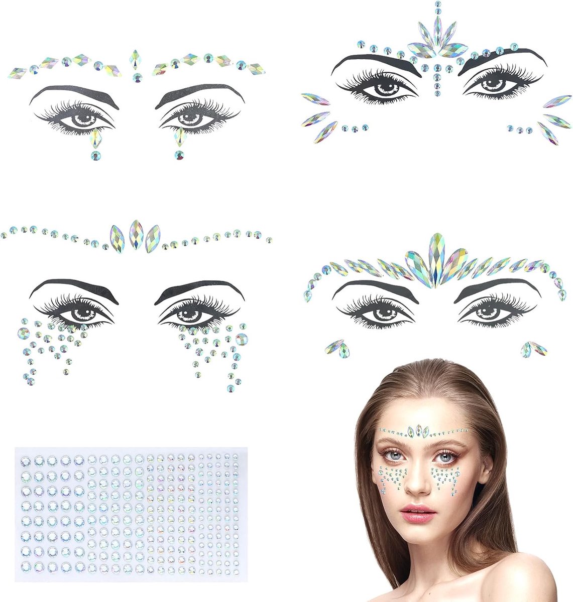 Glitterstenen voor gezicht, 4 stuks, glittersteentjes, strasssteentjes, gezichtsstickers, tijdelijke tatoeage, glittersteentjes, zelfklevende sieraden, kristallen strass-steentjes voor carnaval, party