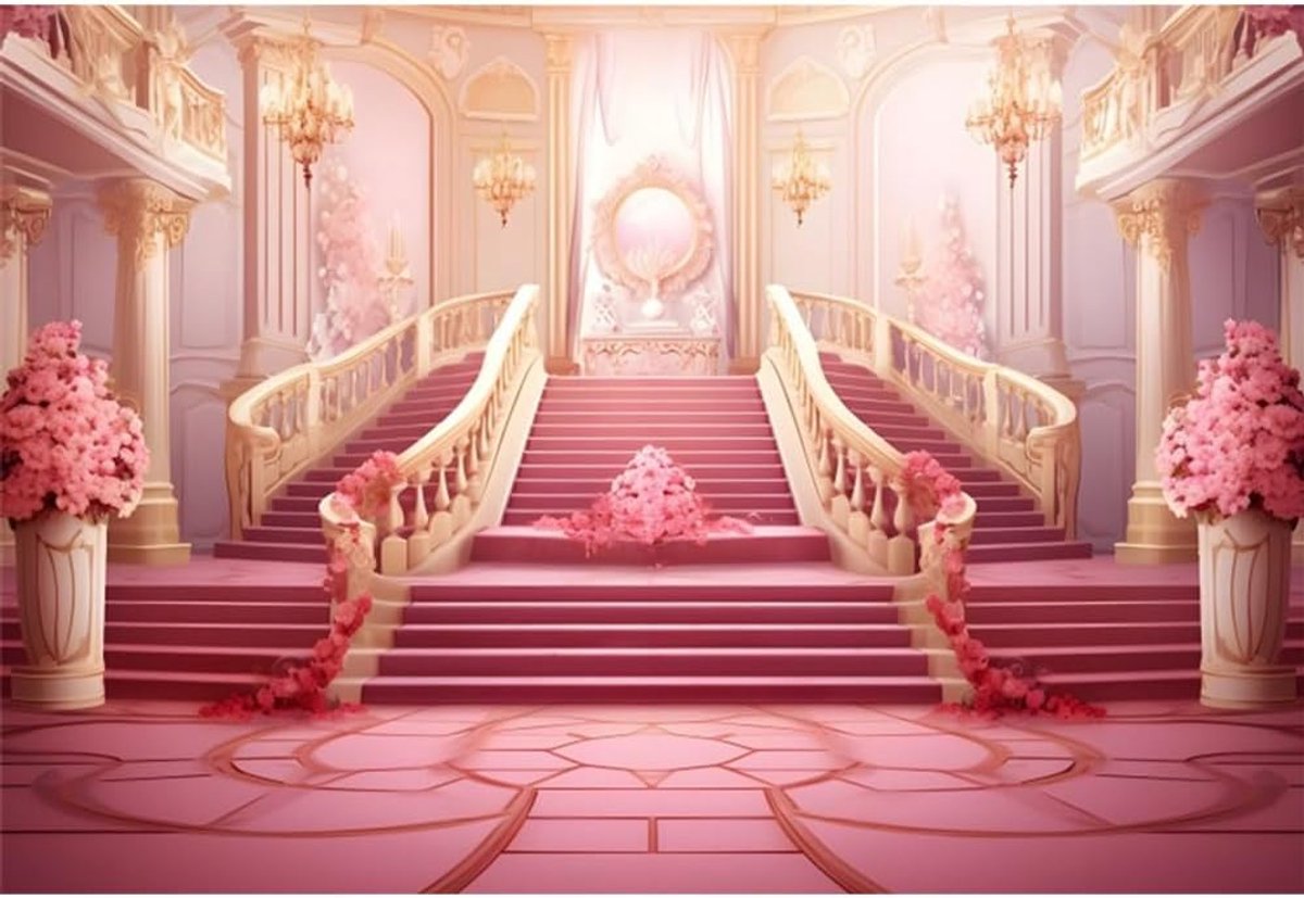 10x8ft Luxe Paleis Achtergrond Koninklijke Witte Gebouwen Trappen Fotografie Achtergrond Sprookje Wonderland Kasteel Roze Bloemen Achtergrond Volwassenen Kinderen Portretten Fotoshoot Studio