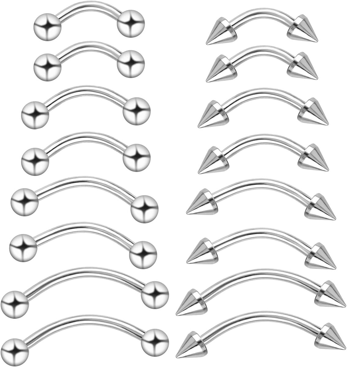 16 stuks lippiercing, roestvrij staal, septumpiercing, tragus-piercing, chirurgisch staal, lichaamspiercing, tongpiercing, gebogen design
