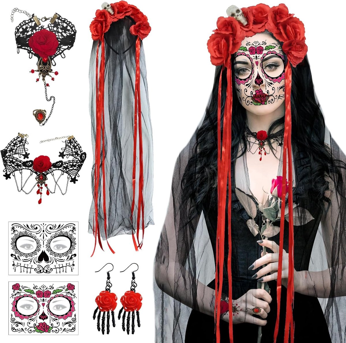 Dia De Los Muertos haarband, Halloween horror haarband en tijdelijke gezichtstatoeages, kanten handschoenen, halsketting, oorbellen voor carnaval, Halloween, party, cosplay