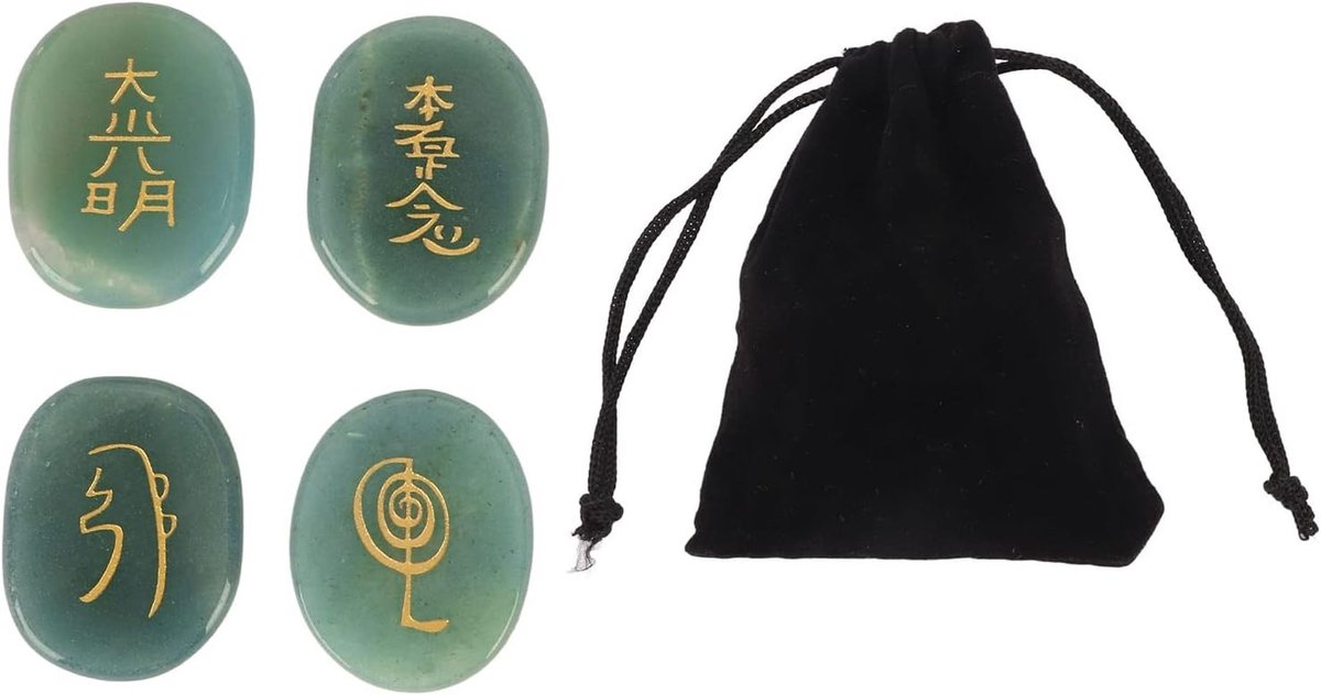 Gegraveerde Rune Stenen Set met Reiki Symbolen, Perfect voor Meditatie en Genezing, Spirituele Energie voor Persoonlijke Groei en Chakra Balans met Groene Aventurijn