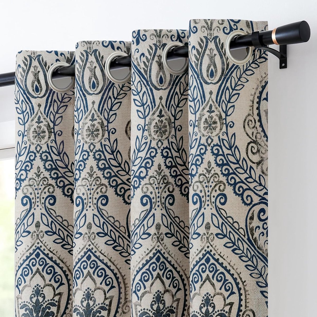 Damast gordijnen blauwe gordijnen paisley medaillon print voor slaapkamer woonkamer verduisterende gordijnen vintage linnen getextureerde raambekleding 96 inch gordijnen 2 panelen blauw op