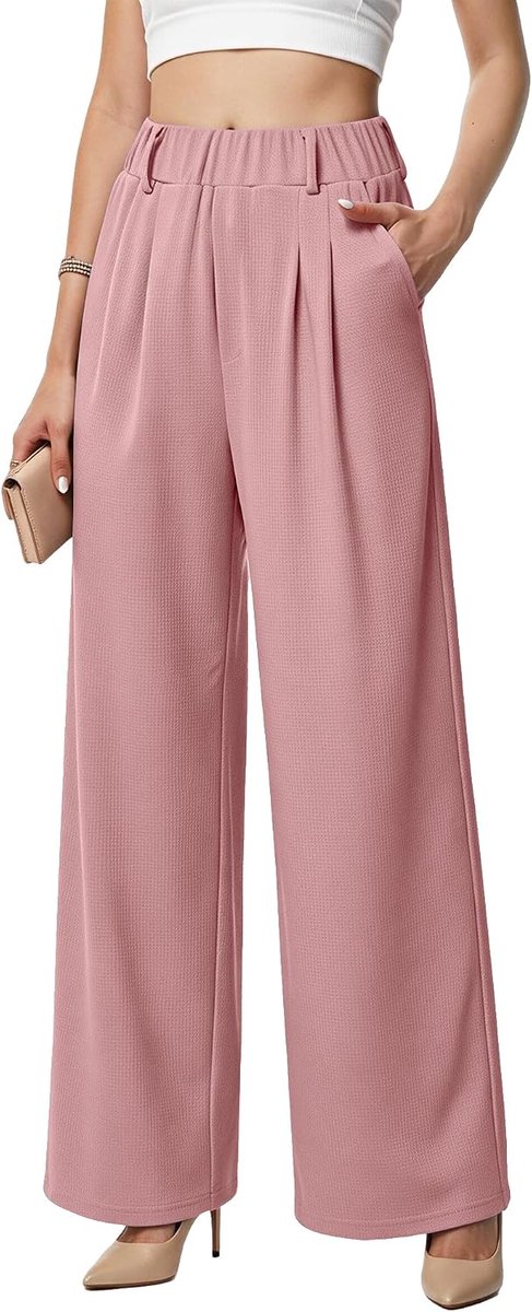 Damesbroek met hoge taille, losse palazzo-broek, werkbroek met brede pijpen, comfortabel, licht, elastisch, lang, met zakken voor zaken, kantoor, casual