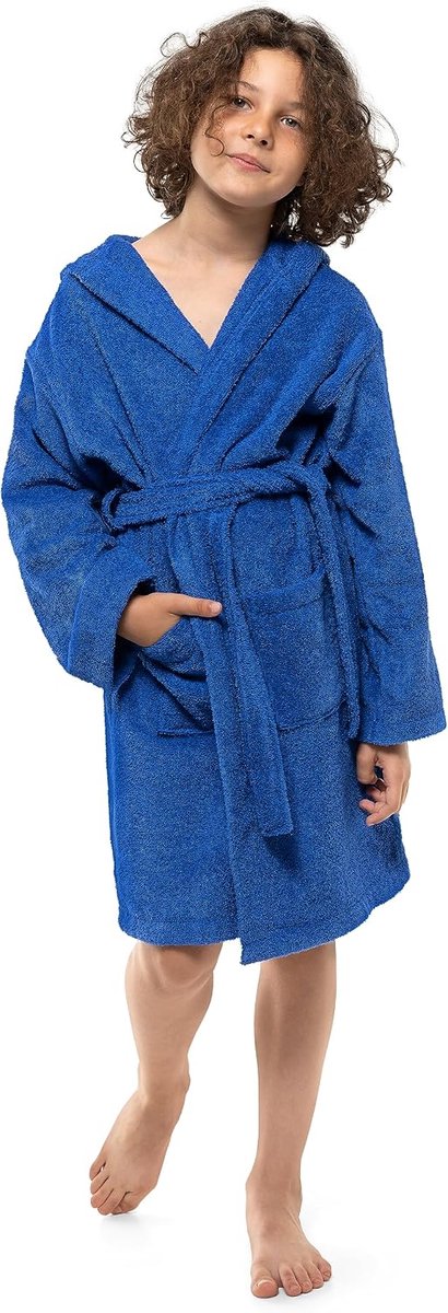 Tienerjongensmeisjesbadjas met capuchon, 100 procent OekoTex-katoen, tienerbadjas 15-16 Jaar Marineblauw - Badstof Ultrazachte en absorberende badjas