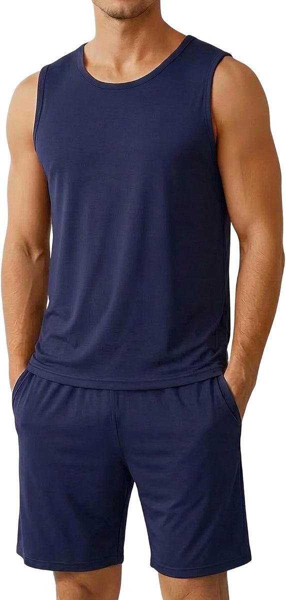 Pyjamaset voor heren, mouwloos, zachte tanktop met zakken, loungewear, effen kleur, nachtkleding, Donkerblauw, M