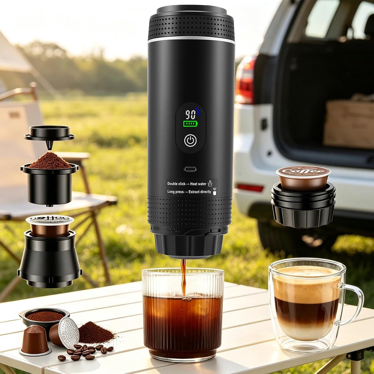 Mini-koffiezetapparaat 3 in 1 met batterij - Auto-espressomachine USB-C - Compatibel met capsules en gemalen koffie - Ideaal voor campercamping en reiscadeaus, zwart