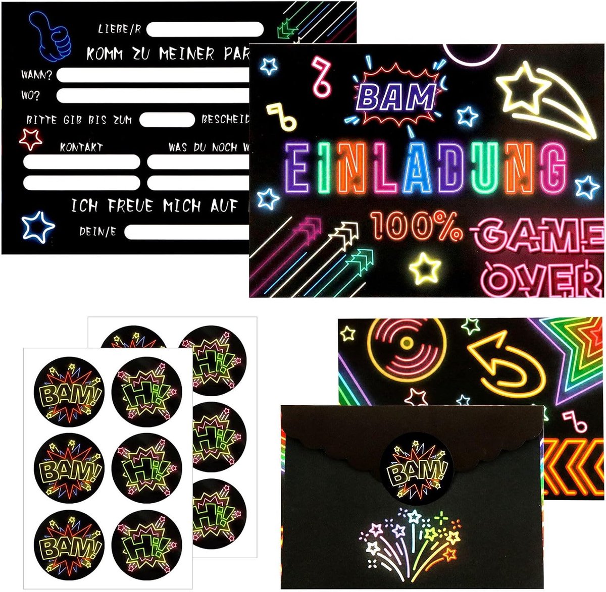 Uitnodigingskaarten 12 stuks, incl. Enveloppen 12 stuks + 12 stickers, Duitse uitnodigingskaarten voor kinderverjaardagen, grappige uitnodigingen voor feestjes.