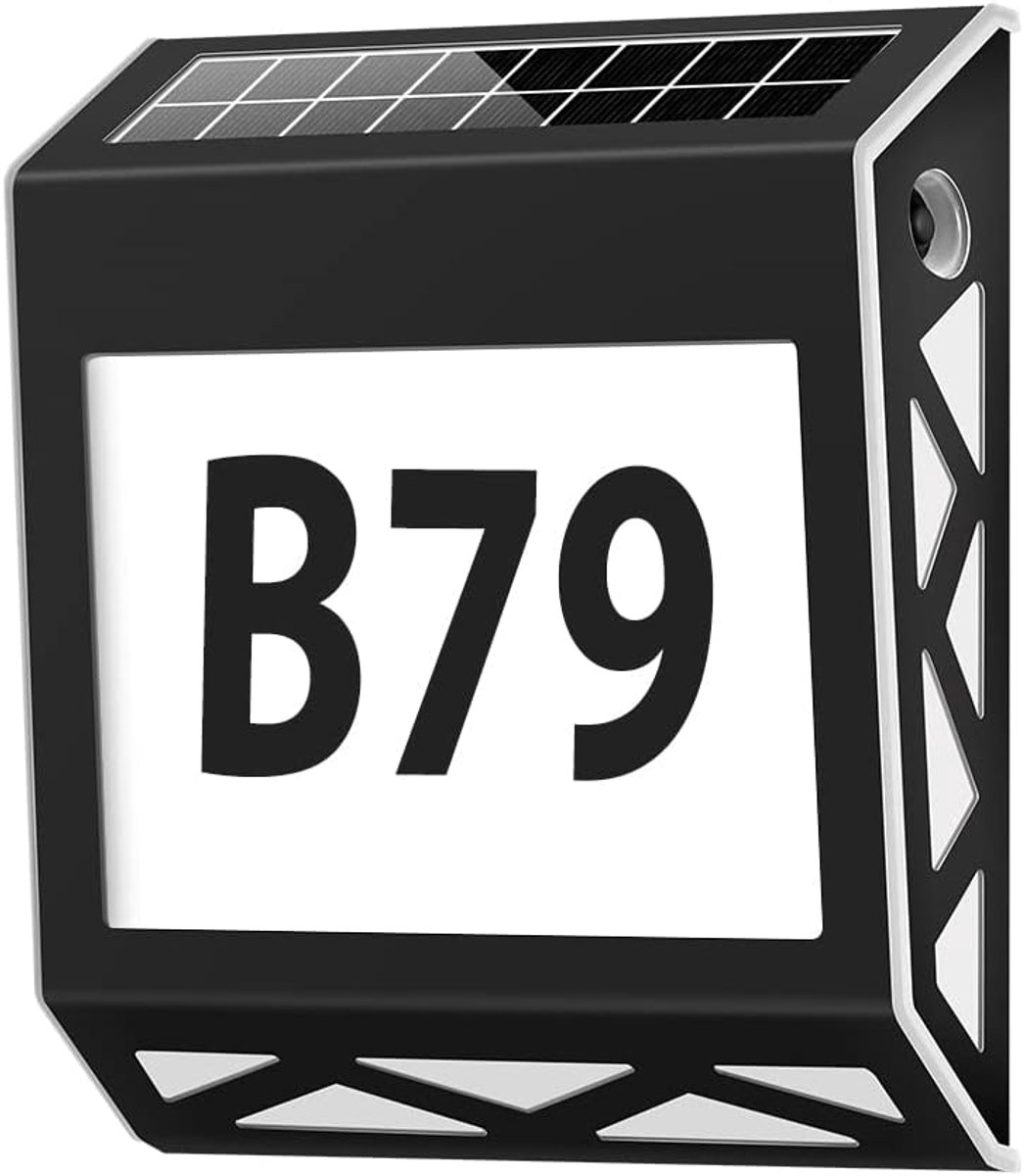 Huisnummer op zonne-energie 8 leds huisnummer met schemerschakelaar van roestvrij staal wit IP54 waterdicht voor buiten met nummers 0-9 en letters A-E (Zwart)