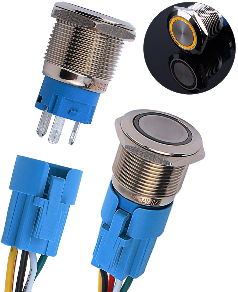 2 x 19 mm momentaire metalen drukschakelaar, 12 V tot 24 V, 3 A, momentaire drukknop schakelaar met gele LED-lamp, IP66, 1NO1NC, tastende waterdichte voorbekabelde drukknop voor boot, vrachtwagen