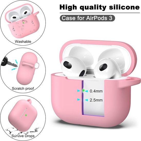 Compatibel met AirPods 3e generatie 2021, voor AirPods 3 gen Case Cover met Cleaner kit en sleutelhanger, Zachte Silicone Beschermer voor Apple AirPods 3 Case, Roze — afbeelding 3