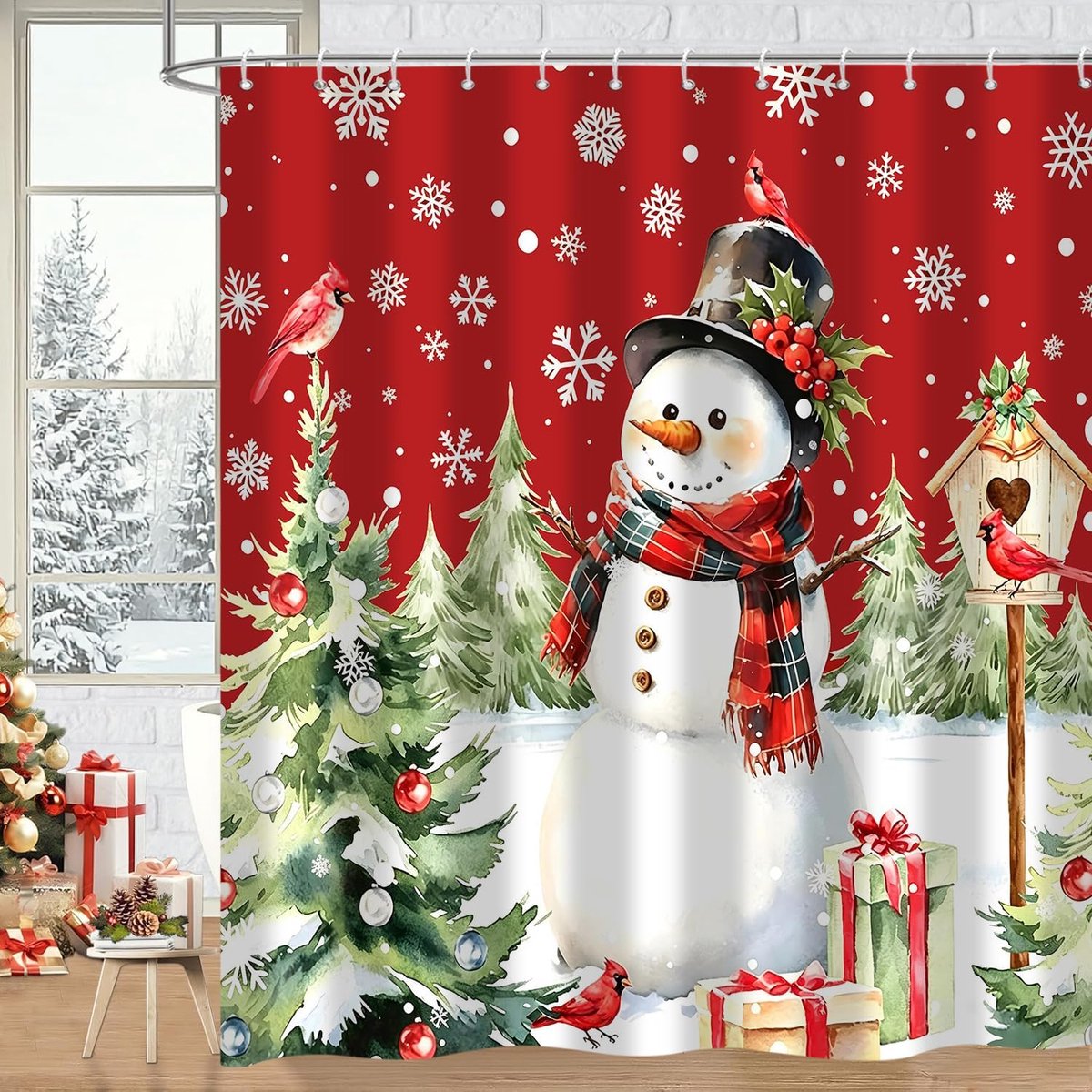 Douchegordijn 180 x 200, winter sneeuwpop kerst sneeuwvlok kardinaal vogel besneeuwd bos vakantie rode badkamer gordijnen waterdichte polyester stof wasbare badgordijnen met haken