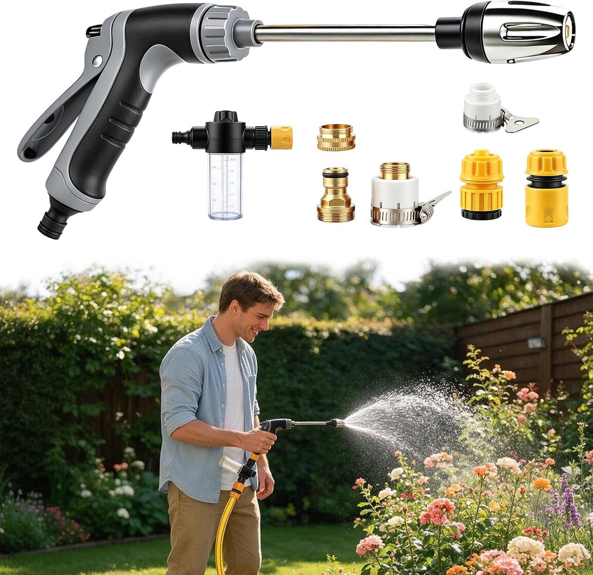 Waterpistool, hoogwaardig waterpistool, metalen mondstuk voor hogedrukreiniger voor tuinslang, 360° draaibaar, meerdere sproeimodi, tuin, glasreiniging
