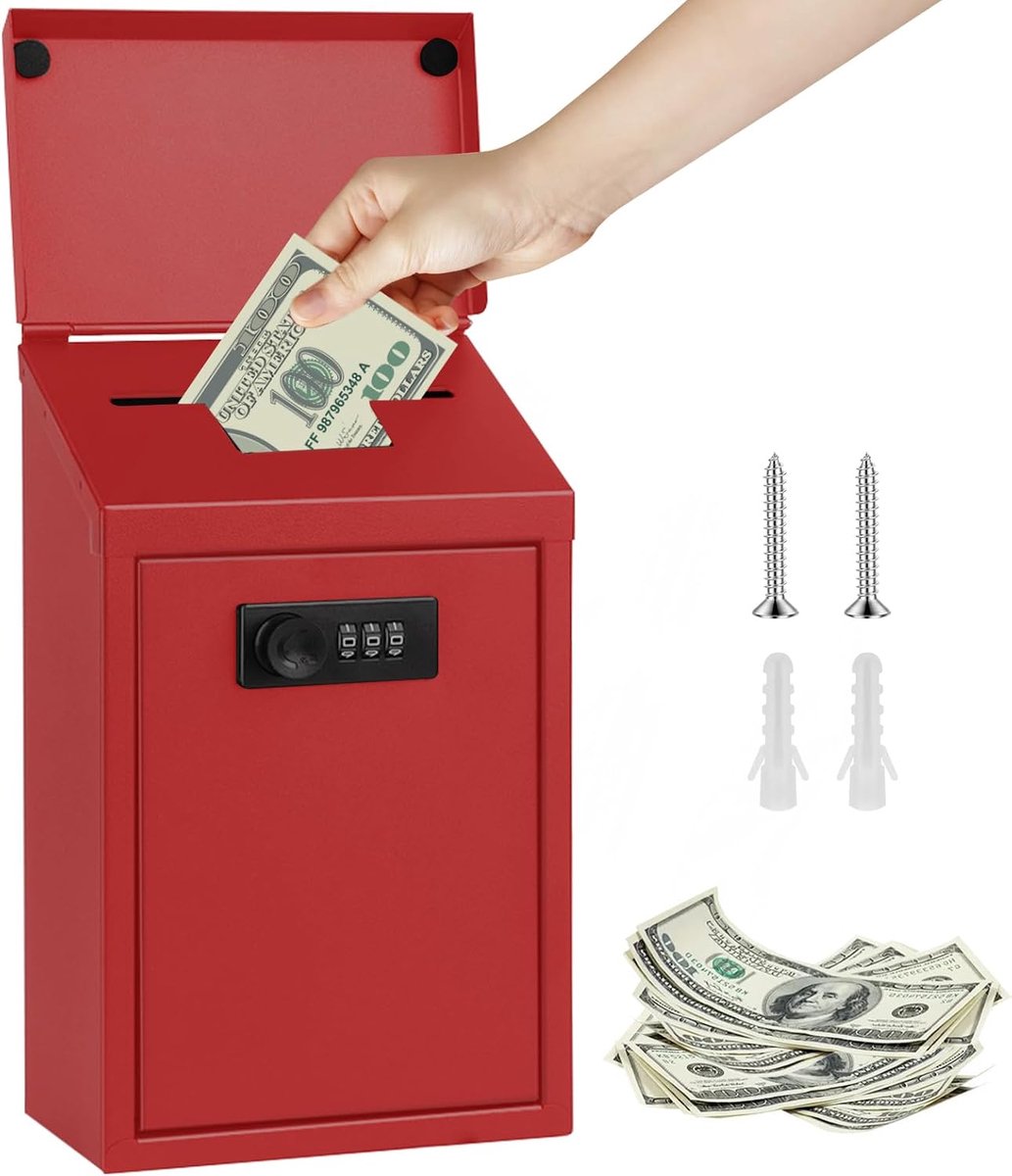 Spaarpot met cijferslot, metalen geldcassette met inworpgleuf, verzameldoos, dispenserverzamelbox, klein, veilige suggestiedoos, wandmontage, afsluitbare box, draagbare kassa voor thuis (rood)