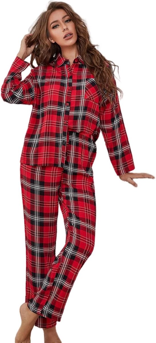 Pajama Set Red Plaid Cardigan Pajamas, Comfortable Home Long Sleeve Pajamas, Casual Loungewear-A-L
