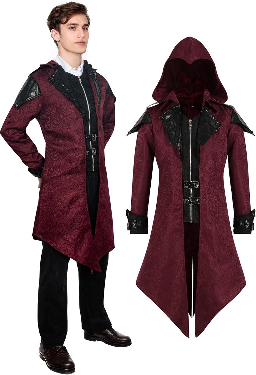 Herenjas met capuchon, gothic, trenchcoat, Victoriaanse vintage jas, Halloween, feest, carnaval, cosplay kostuum