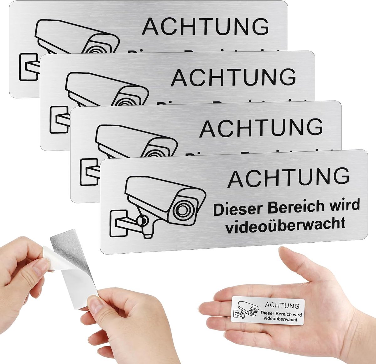 4 stuks bordjes voor videobewaking, zelfklevend aluminium waarschuwing videobewaking, 85 x 30 mm, aluminium waarschuwingsbord, camerabewaking, bord, voor binnen en buiten (zwart)