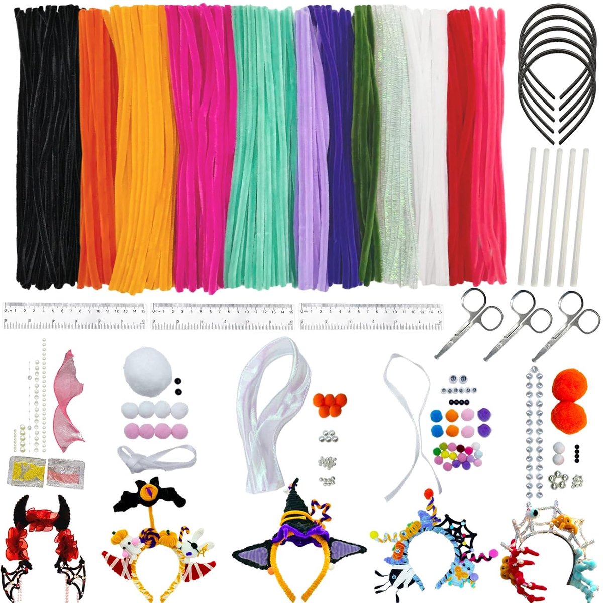 5 sets handgemaakte Halloween hoofdbandaccessoires, Halloween haarbanden, pijpenreiniger voor knutselen, carnaval, handgemaakte hoofdband, pipe reiniger voor doe-het-zelf projecten en knutseldecoratie