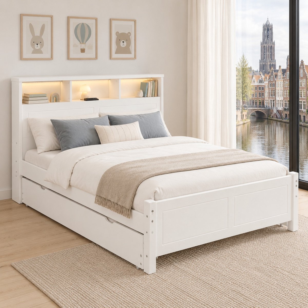 WUVRIE Bed 120x200 cm met uitschuifbed 90x190 cm, hoofdbord met opbergruimte, LED-verlichting en laadpunt, wit