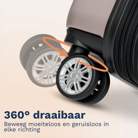Detail van een 360 graden draaibaar wiel op een lichtbruine koffer.