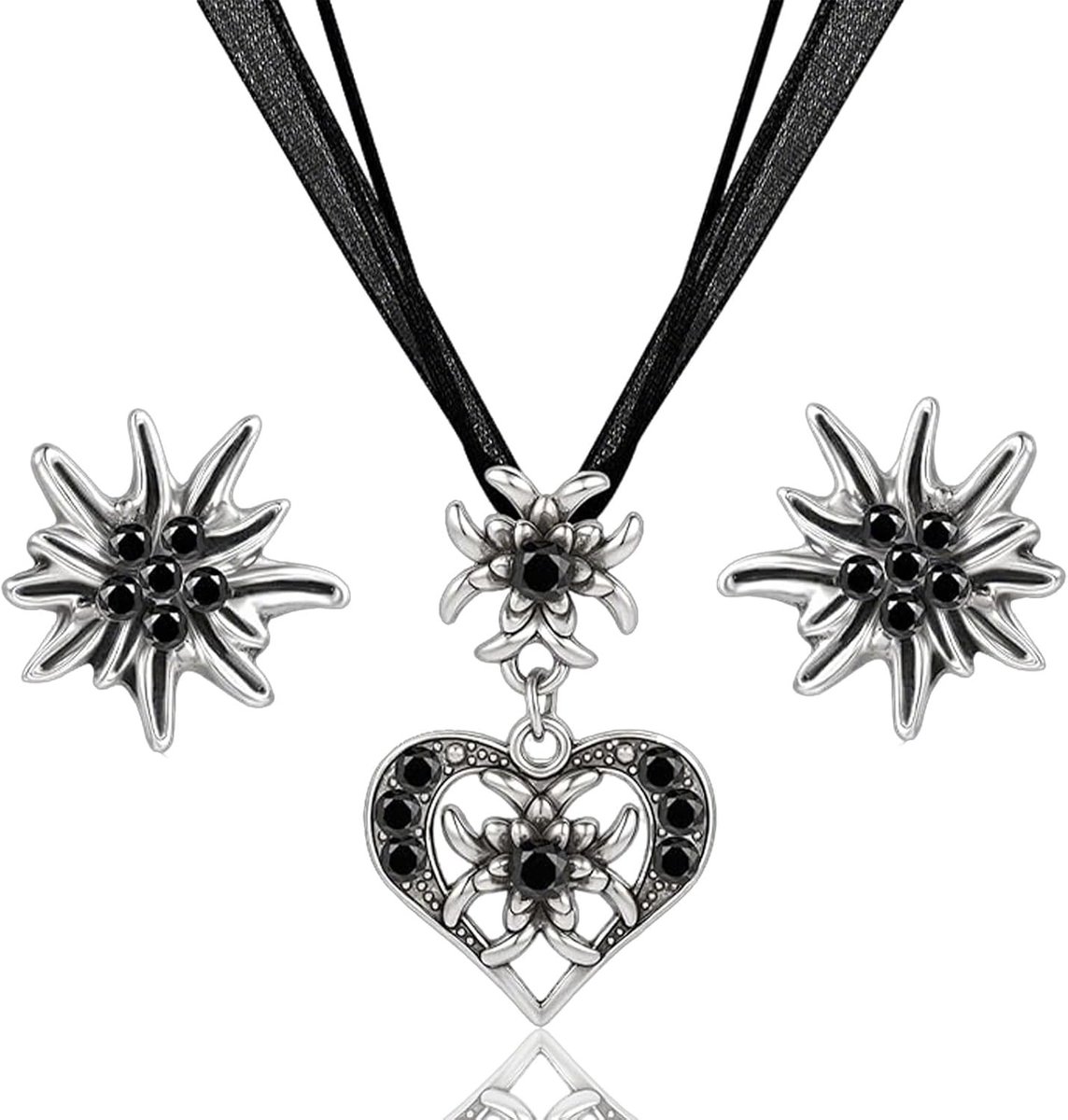 Drie-delige traditionele Beierse kostuumjuwelen set voor vrouwen met Edelweiss hart hanger, dirndl ketting en fonkelende rhinestones