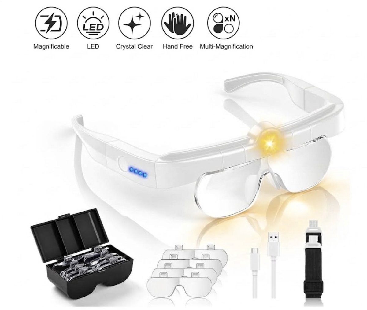 Vergrootbril met LED Verlichting - Hoofdband Vergrootglas Oplaadbaar - Inclusief 4 Verwisselbare Lenzen (1.5x tot 5x) - 3 Lichtstanden - Voor Lezen, Knutselen, Diamond Painting & Horlogemakers - wit