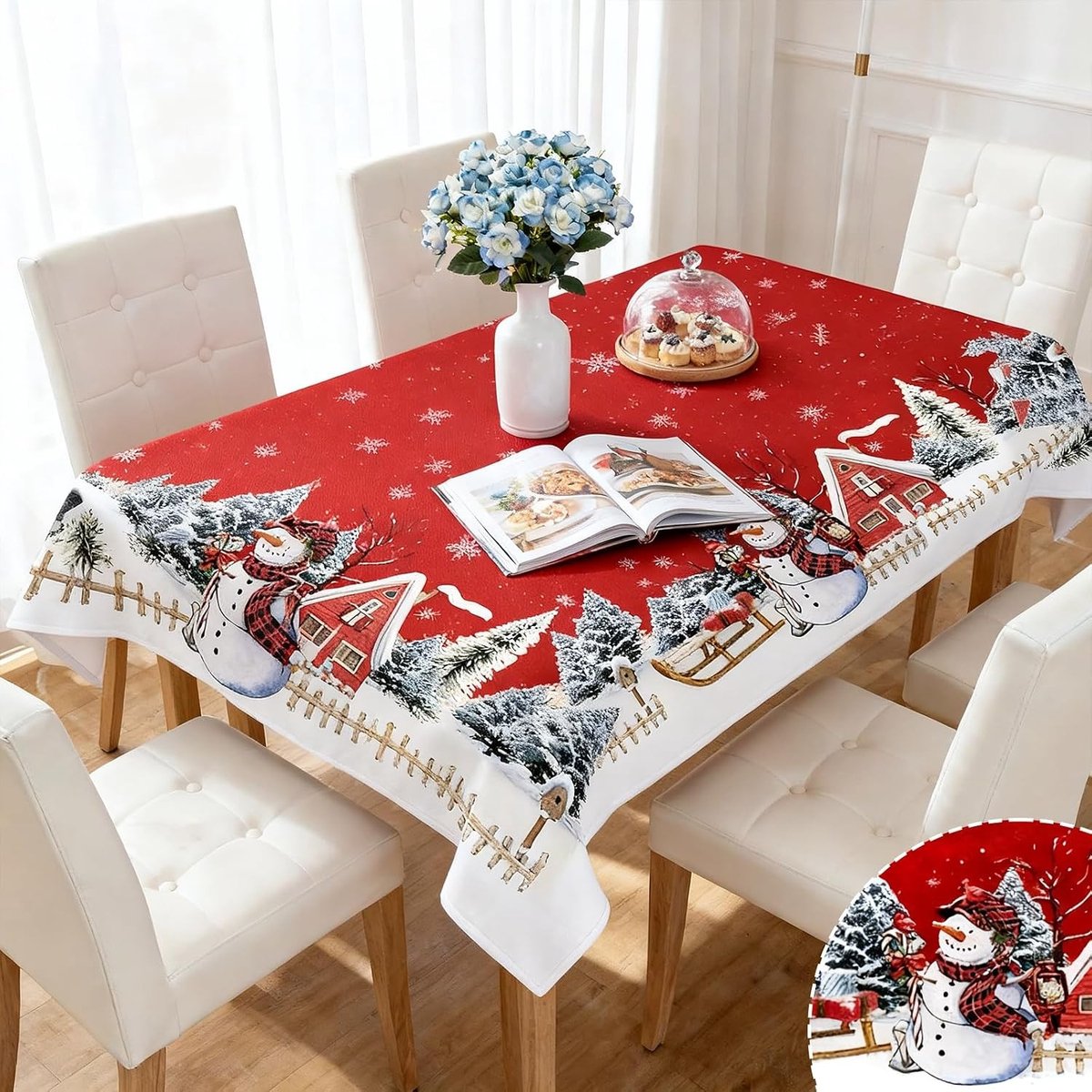 Kersttafelkleed 140x110 cm van linnen, afwasbaar, trendy rood met sneeuwman en sneeuwvlokken voor feestelijke tafeldecoratie tijdens kerstvieringen