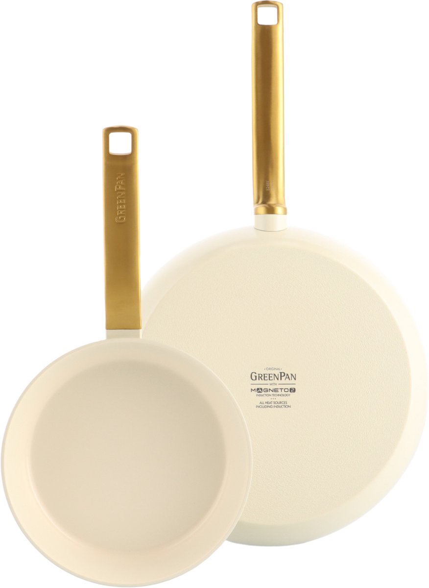 GreenPan Evolution Pannenset 2-delig - 20/28cm - 3.6L - PFAS-vrije antikleeflaag - Inductie pannenset - Keramische pan - Ovenbestendig tot 200°C - Gouden RVS handgrepen - Zonder deksel - Creme