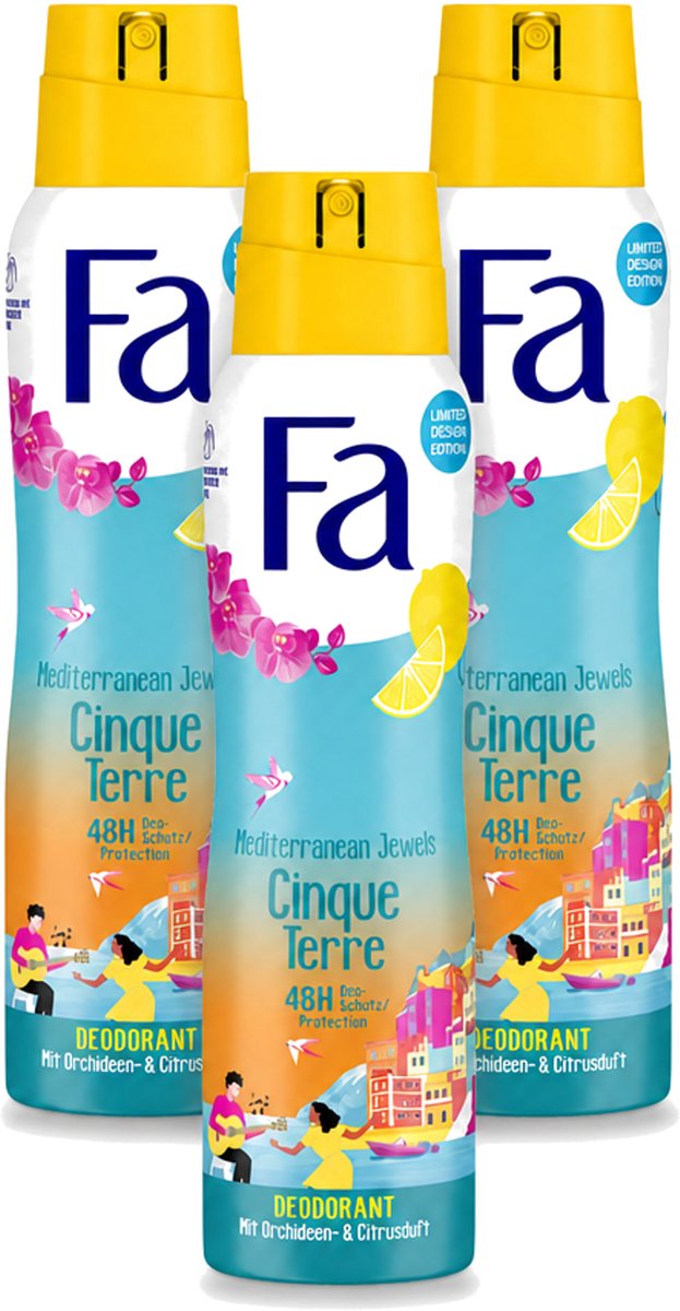 3 x Fa - Deodorant Spray - Mediterranean Jewels - Orchidee & Citrus - 48 uur Bescherming - 150 ml - Bulkverpakking - 3 stuks