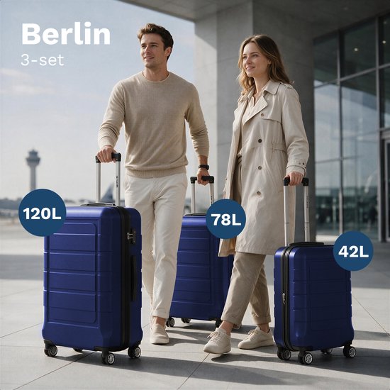 Man en vrouw met drie donkerblauwe koffers van 120L, 78L en 42L.