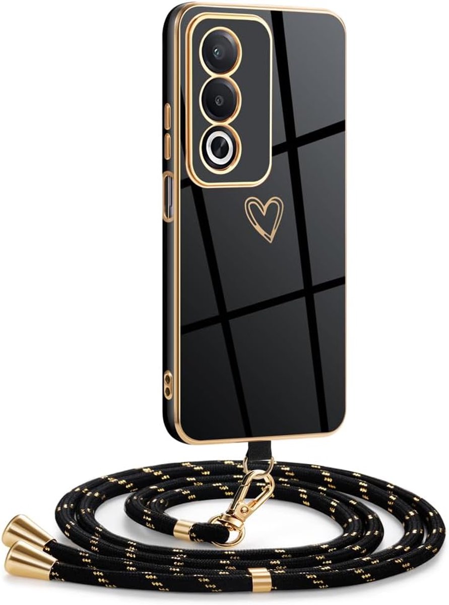 Beschermhoesje voor OPPO A80 5G met trekkoord, siliconen coating, hartje, beschermhoes met trekkoord, met verstelbaar afneembaar koord, goud zwart