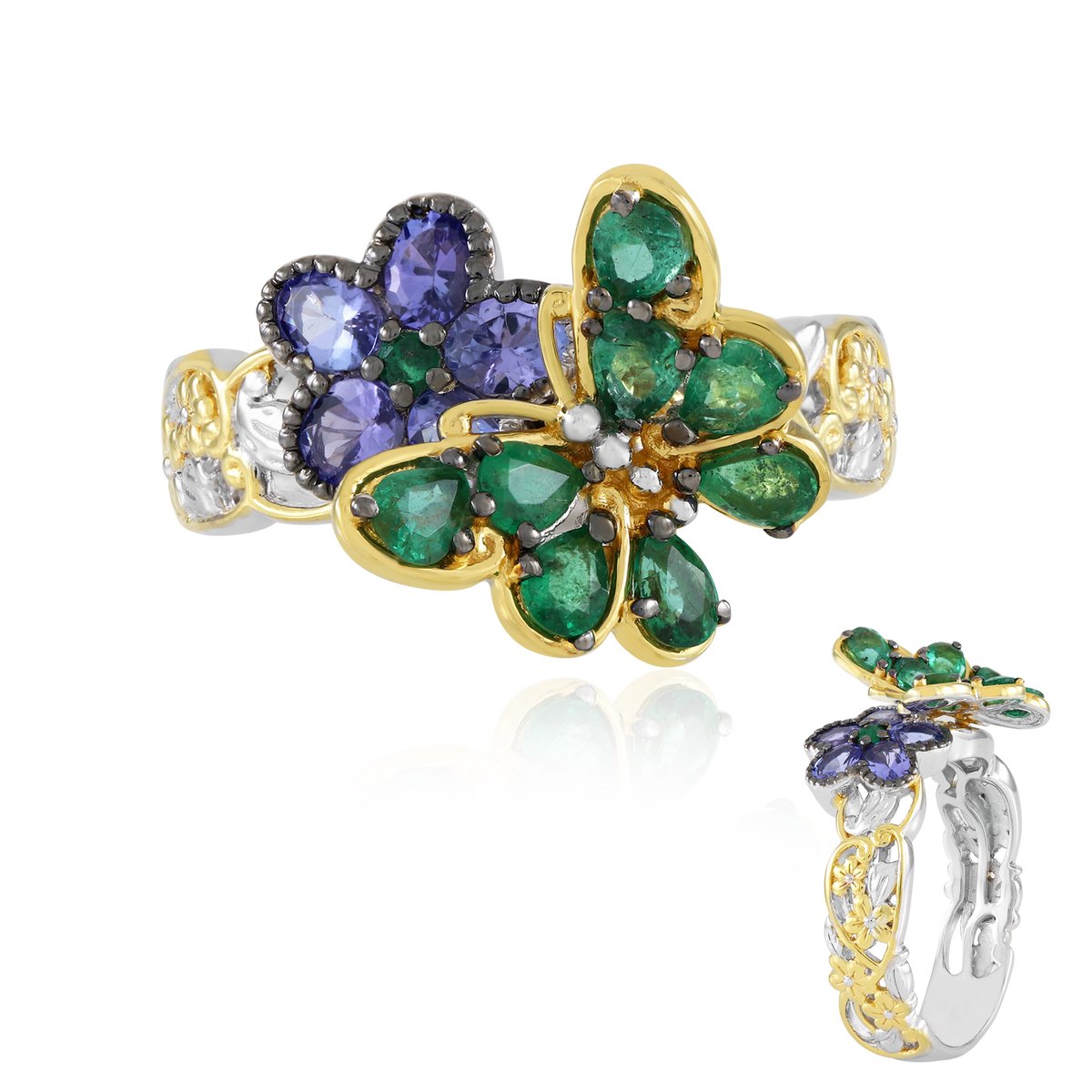 Cavill - 925 Sterling Zilveren ring met Zambia Smaragden & Tanzaniet 2.09 ct - Bloemmotief - Peervorm & Ovaal geslepen - Dames ring