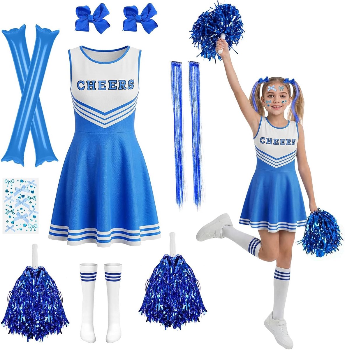 Vrolijk Cheerleader Kostuum voor Meisjes van 140 cm met Pompoms, Sokken en Haarclips voor Halloween en Sportevenementen, Leeftijd 8-10 Jaar