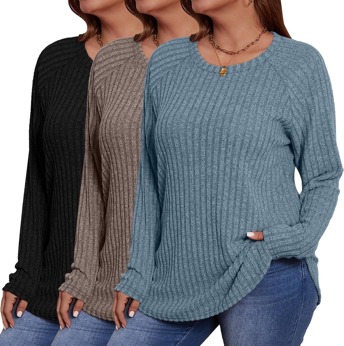 Set Van 3 Tuniekjes in Grote Maten Voor Dames, Truien Met Lange Mouwen, T-Shirts Met Ronde Hals en Afgeronde Zoom