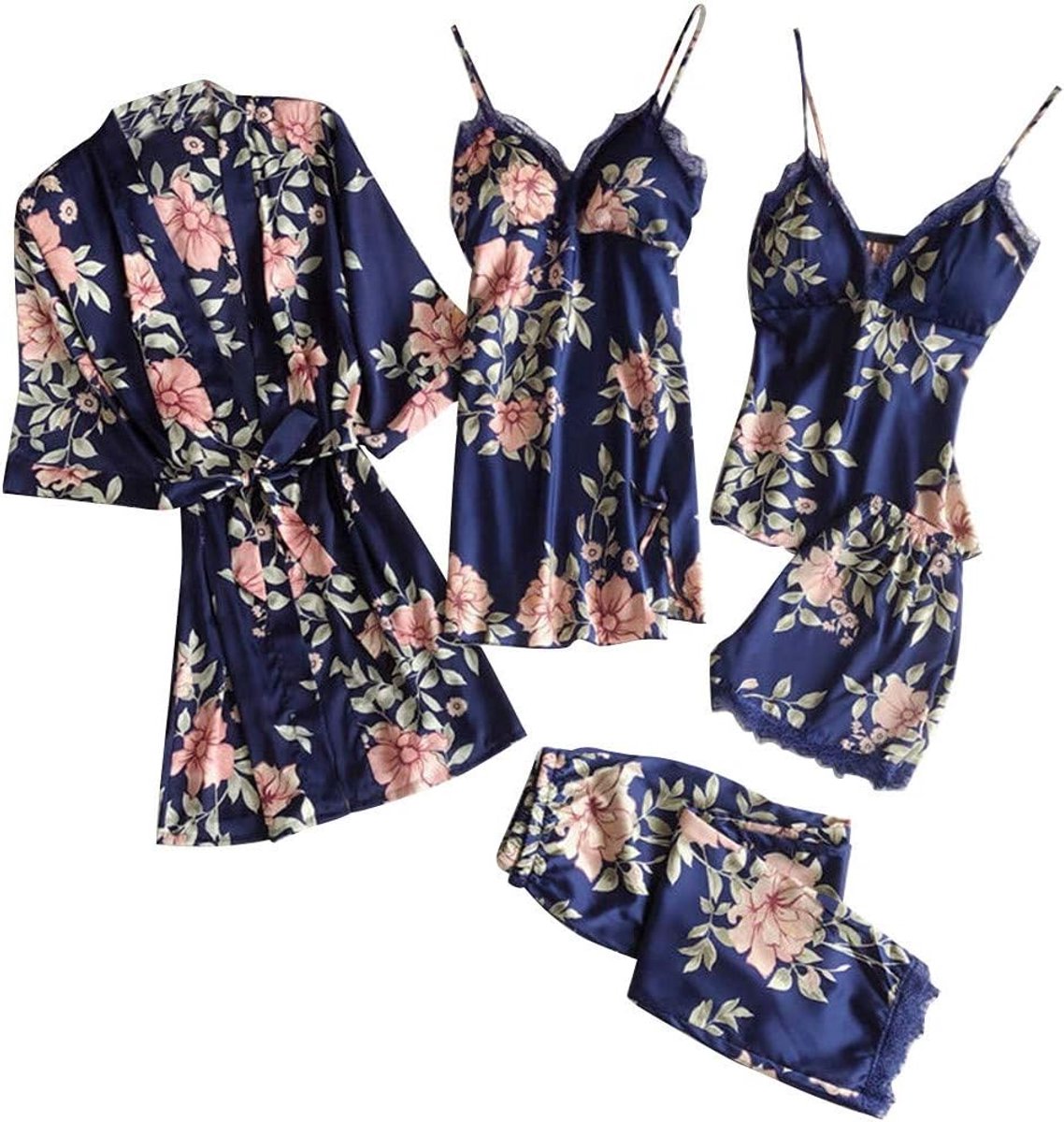 5 stuks kanten sexy badjas ondergoed satijn mouwen kleding pyjama broek garderobe set