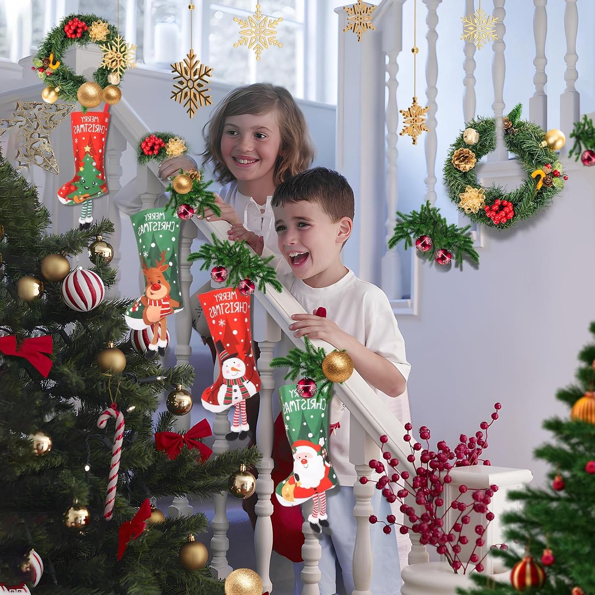 Kerstsokken om te vullen, 4 stuks, rendierlaarzen, set met print, kerstsokken, kerstkous, 3D-kerstkous, grote kerstlaarzen, open haard, kerststockings voor open haard, kerstboom
