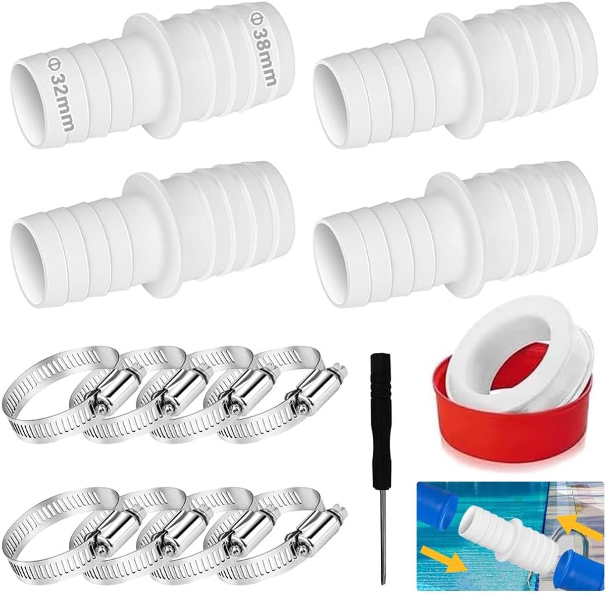 Slangadapters 32 mm naar 38 mm, slangverbinder, slangadapter met 8 slangklemmen, 1 schroevendraaier, 1 PTFE-band voor zwembadslang van Ø 32 en 38 mm