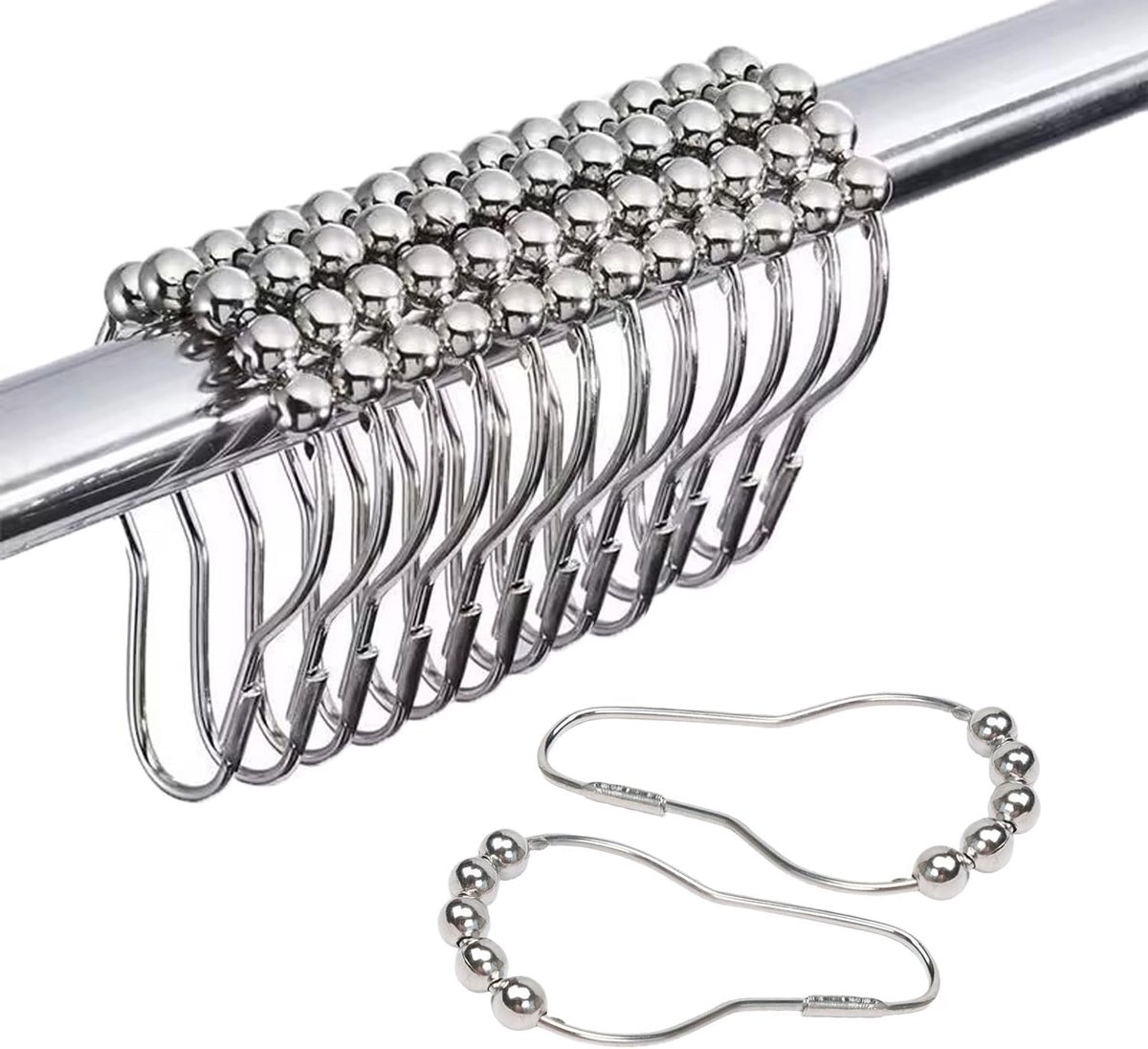 Ringen voor douchegordijn, haken, roestvrij staal, glijsysteem met kogels, 75 x 39 mm, zilverkleurig
