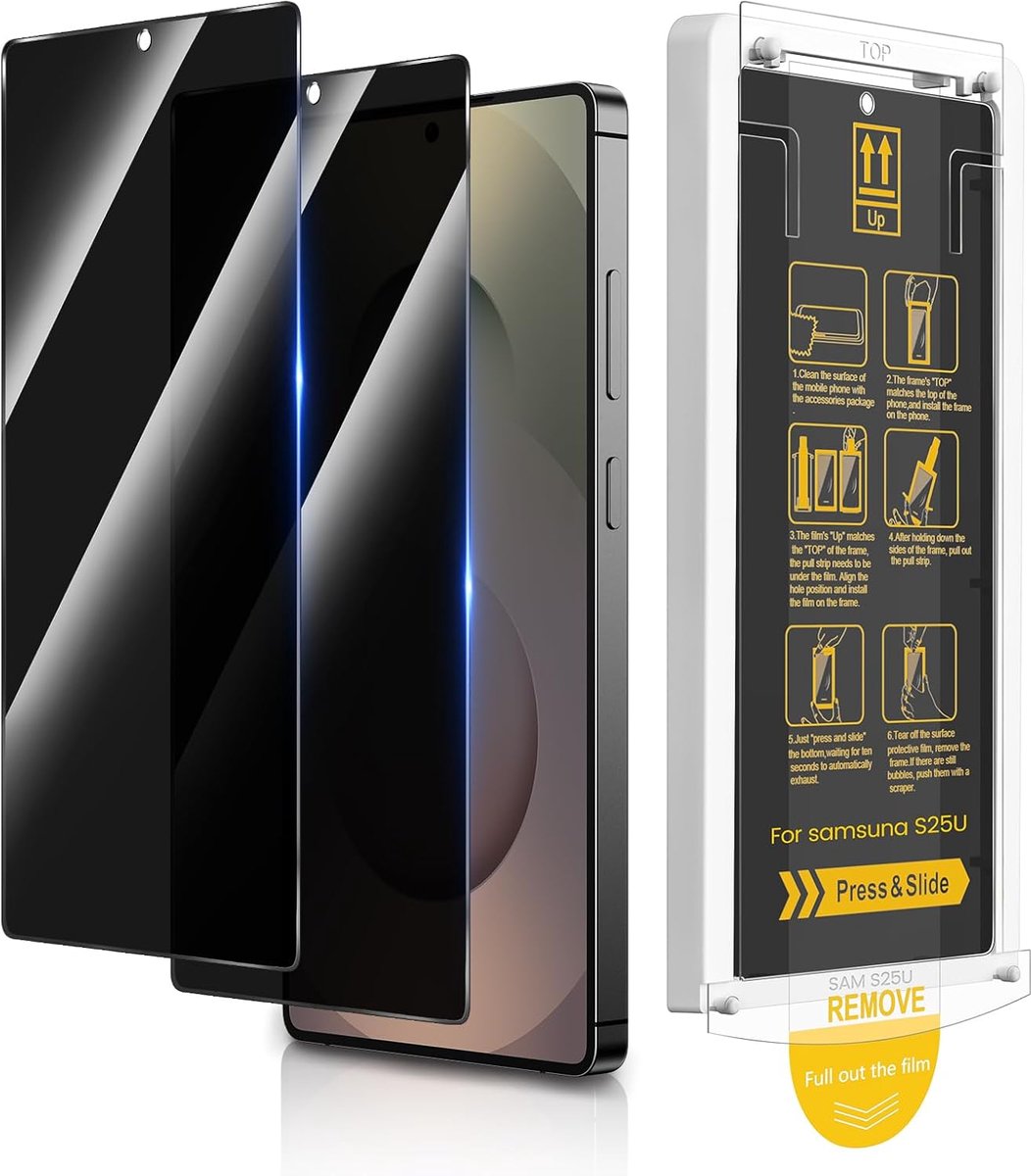 Voor Samsung Galaxy S25 Ultra privacy-schermbeschermer met 2 stuks, eenvoudige installatie met uitlijningsframe en trekstrip, ondersteunt vingerafdrukontgrendeling, HD helder 9H hardheid gehard
