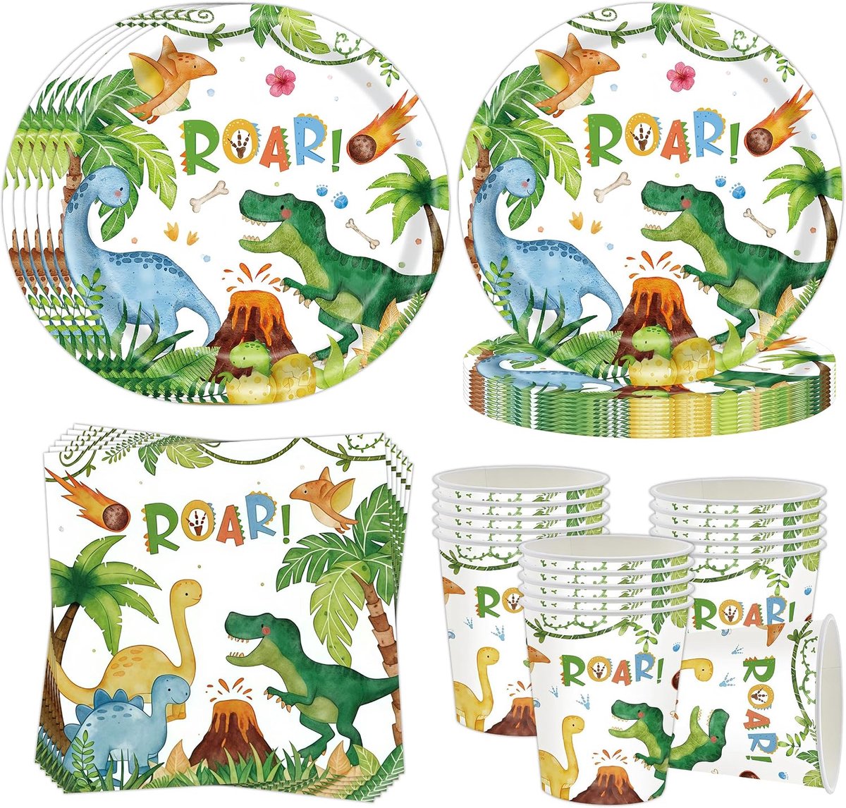Dinosaurus-feestservies voor 16 gasten, 52 stuks dino-verjaardagspapieren borden, Jura feestservies, decoratie, dinosaurus, papieren borden, servetten, bekers, dino-feestservies voor jongens en