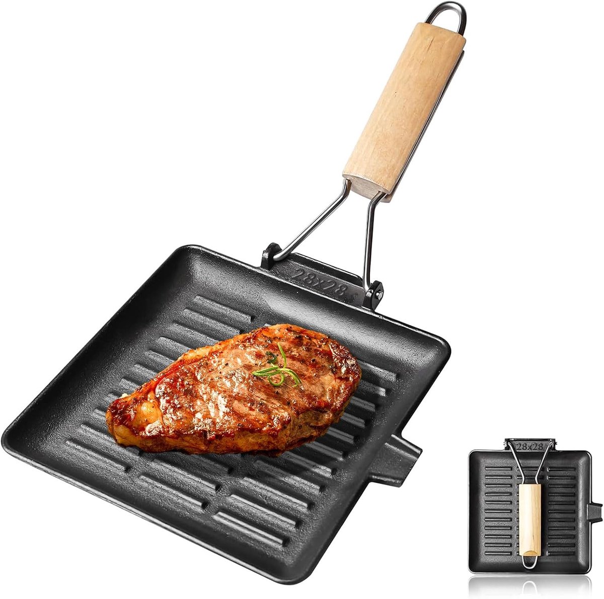 Gietijzer, 28 x 28 cm, grillpan inductie met inklapbaar houten handvat, vierkante grillplaat voor alle warmtebronnen, robuuste grillpan voor steak, groenten en vis, gemakkelijk te reinigen