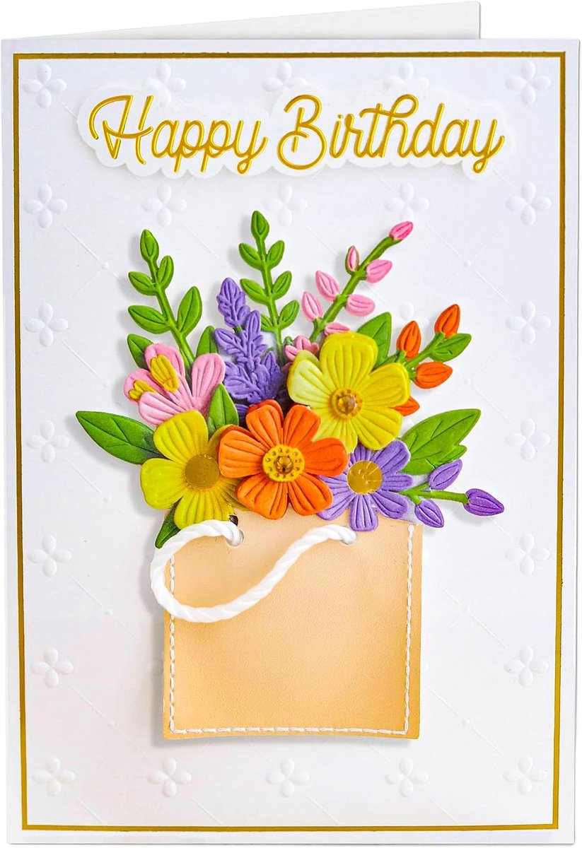 Verjaardagskaart voor dames, bloemen, handtekening, 3D, met envelop
