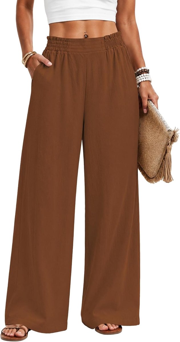 IWoo Linnen broek voor dames, zomer, stoffen broek, losse zomerbroek, wijde pijpen