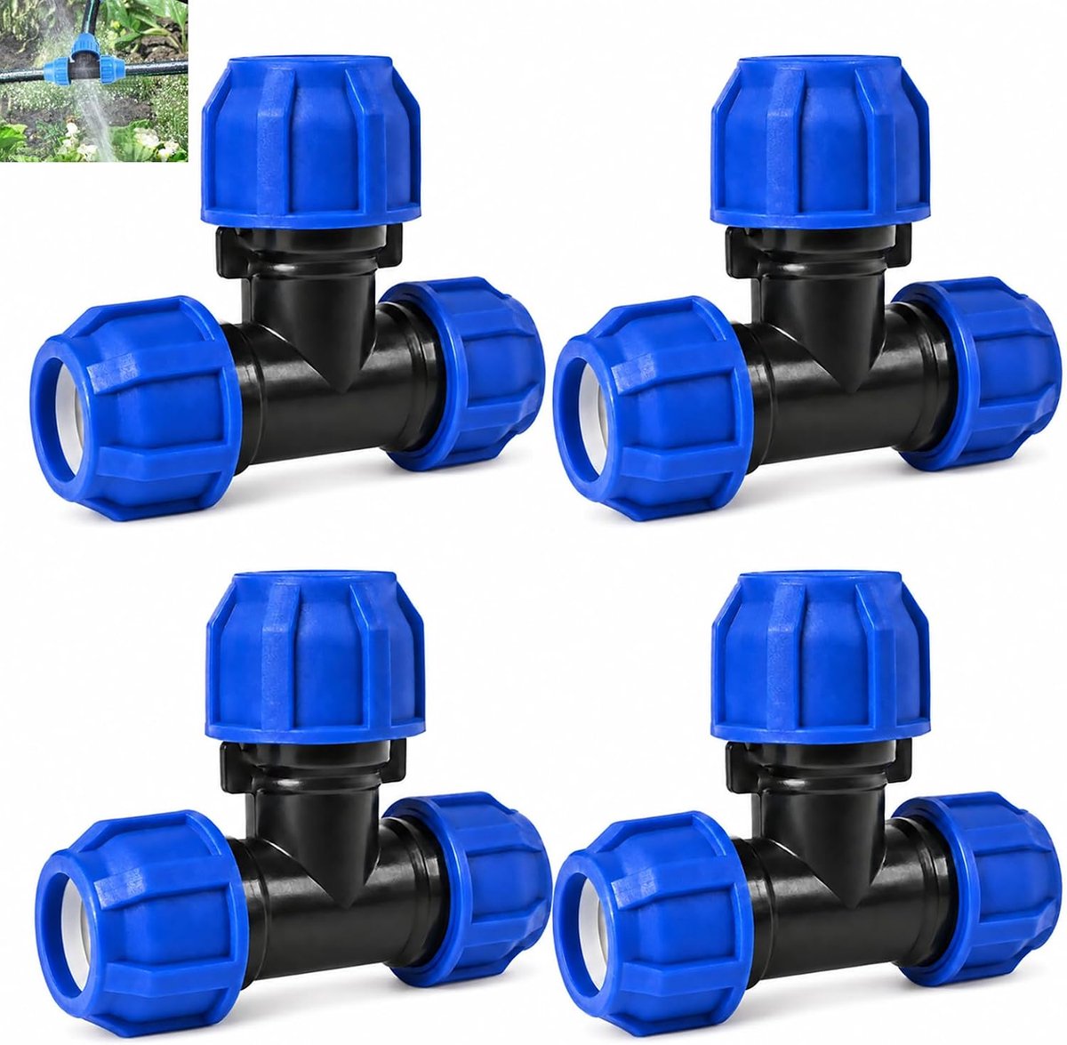 4 stuks T-stuk PE-buisfitting, 20 mm PE-buisverbinding met schroefverbinding, kunststof T-aansluiting voor buizen, waterleiding, accessoires voor tuinirrigatie, watervoorziening en buissystemen
