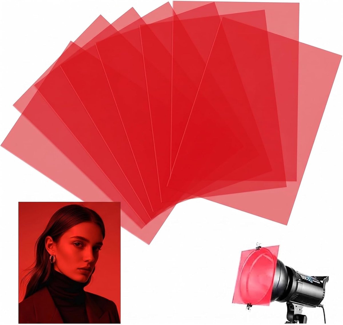 8 stuks rode folie, hittebestendig voor lampen, A4 transparante kleurfolie voor led-koplampen, 21 x 29,7 cm, kleurenfilterset voor fotostudio, stroboscoopflits, videofotografie en lichttechniek
