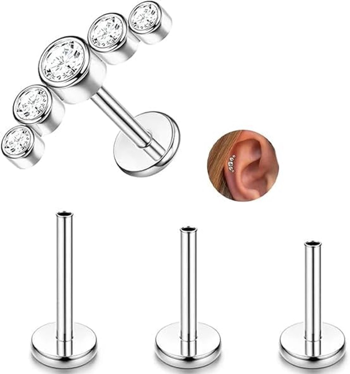 Titanium helix-piercing: helix tragus, lip, medusa monroe, oorschelpen, binnendraad, hypoallergeen, kleine zirkonia, zilver.