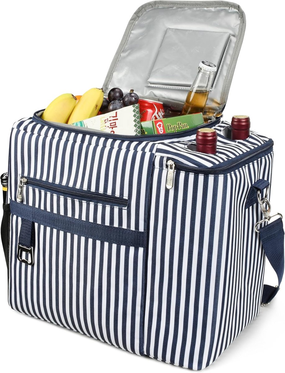 Lekvrije thermische picknick koeltas, geïsoleerde picknicktas Lunchtas Voedseltas met verstelbare schouderriem voor picknick Camping Work Travel Outdoor Activities, blauwe strepen
